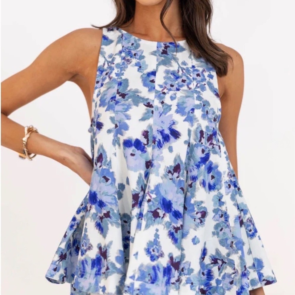 Olivaceous Floral Peplum Top Women Large Blue Purple Sleeveless Cotton Boho